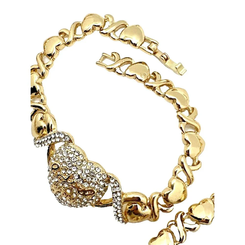 Gold Tone Rhinestone Heart Necklace Bracelet Set I Love You Pave Statement